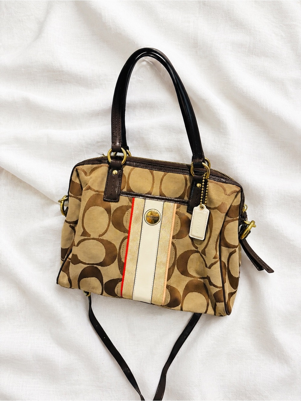 Coach Brown Signature Satchel with Cream and Red Stripe